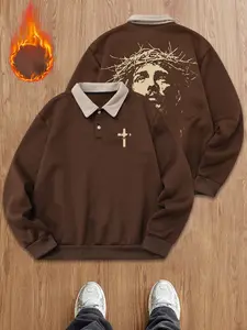 Oversized Christian Aesthetic Fleece Polo Sweatshirt | Brown Sherpa Collar Pullover | Jesus Crown of Thorns Graphic & Cross Emblem | Warm Fleece-Lined Top for Daily Wear, Church Gatherings & Casual Street Style