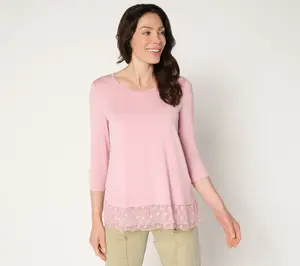 LOGO Layers by Lori Goldstein Petite Knit Sleeve Top with Mesh Hem