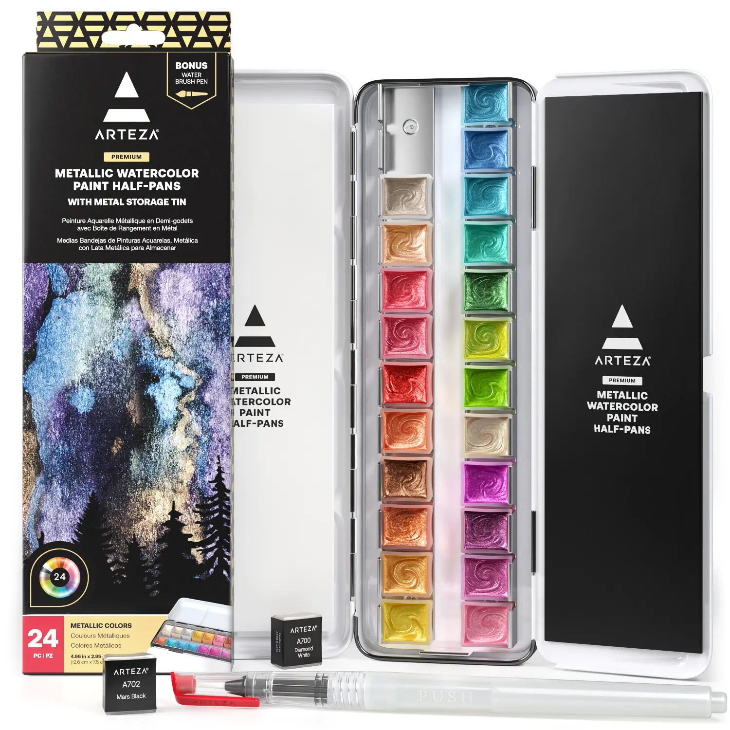 Arteza® Metallic Watercolor Paint Half-Pans Set, 24 pc - ARTZ-2006, Compact Travel Tin for All Ages, Artists & Art Practice