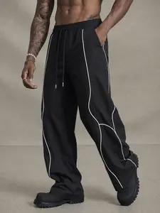 Mens Athletic Track Pants Double Side Piping Wide Leg Casual Lounge Pants Elastic Waist Drawstring Streetwear Trousers Lightweight Quick Dry Workout Bottoms Summer Outfits Gym Travel Outdoor Fun Everyday Athleisure Pants with Deep Pockets Campus Fit Look
