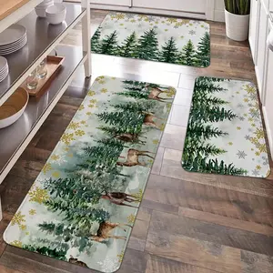 2/3pcs Christmas kitchen carpet floor mat, Christmas flannel floor mat, vintage Christmas tree, snow pattern anti slip and dirt resistant soft floor mat, suitable for kitchen, entrance door, laundry room, bathroom, living room, room Christmas decoration