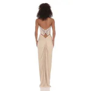 Strapless Corset Sequin Butterfly Maxi Dress in Beige