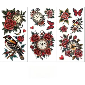 Rub on Transfer Decal Sticker for Furniture Craft Decor 6"x12" Clock and Flowers, 3Pcs Waterproof UV DTF Transfer for Drawer Dresser Glass Porcelain  Plastic