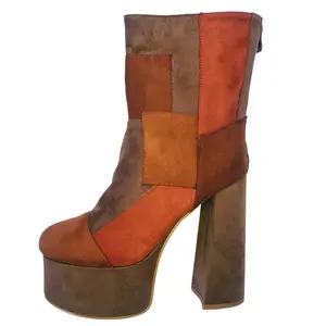 Yasmin Suede Patchwork Platform Boots, Chunky Boots, 70's Shoes, Retro Style, Floral Boots, Gogo Boots