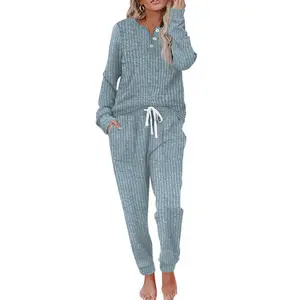 Women’s Two-Piece Lounge Set: Button-Down Sweatshirt and Sweatpants, Sweatsuit with Pockets, Comfortable Fabric Loungewear/Pajamas