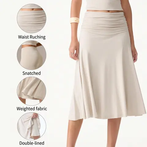 OGL Flowy Side Ruched A-line Midi Skirt - Double Lined & Non-see-through! High stretch, pear shaped & hourglass friendly. Perfect summer to fall transition skirt with a beautiful drape. Thunder thigh approved flared skirt Fall Deals For You