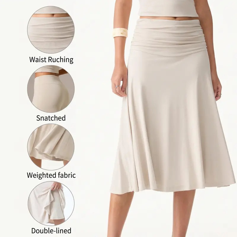 OGL Flowy Side Ruched A-line Midi Skirt - Double Lined & Non-see-through! High stretch, pear shaped & hourglass friendly. Perfect summer to fall transition skirt with a beautiful drape. Thunder thigh approved flared skirt Fall Deals For You
