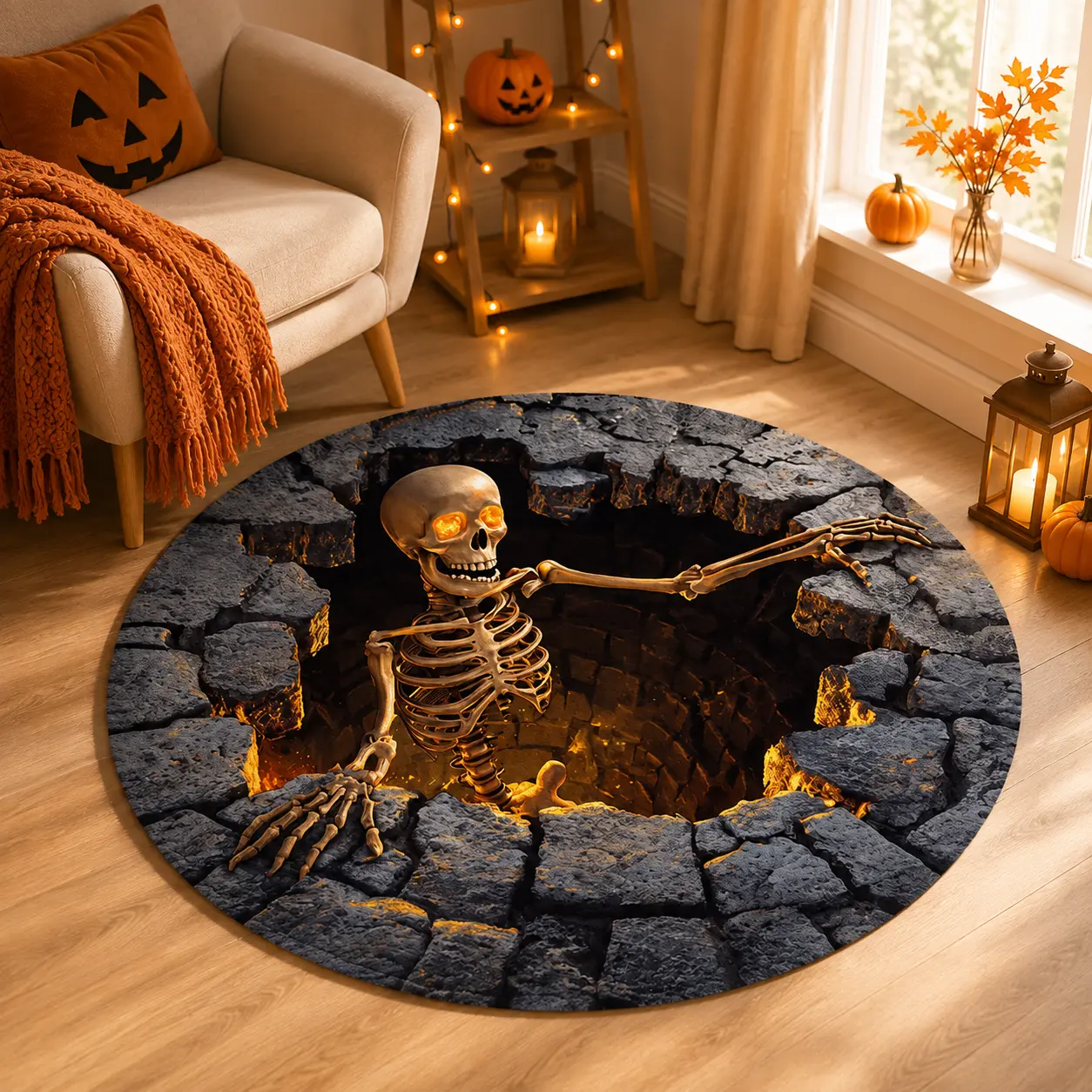 Halloween 3D Skeleton Round Rug, Scary Optical Illusion Floor Mat with Skeleton Pit Design, Soft Non-Slip Washable Rug for Living Room, Bedroom, Entryway & Spooky Home Decor