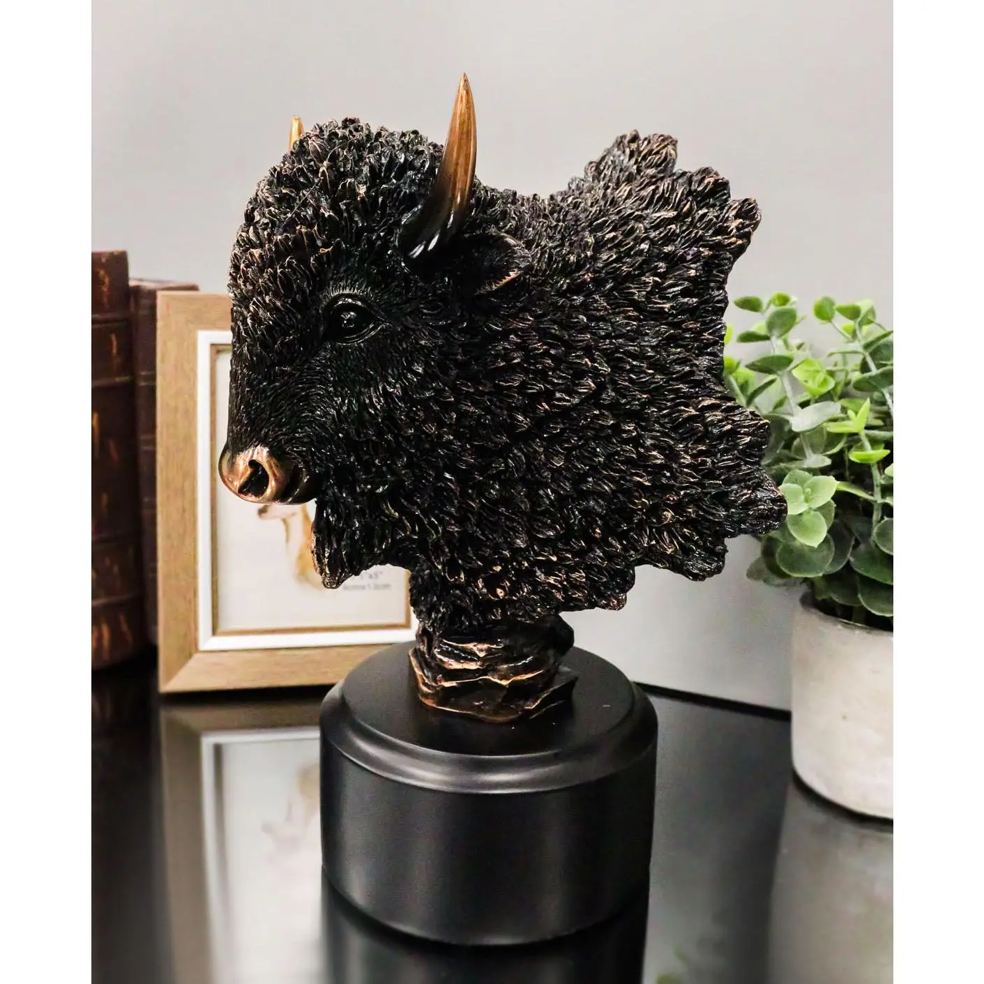 Southwestern American Indian Bronze Wild Buffalo Bison Head Bust Figurine with Base, 6"-Deep, 9.25"-Tall Home Decor Statue for Countertops Decoration Setup