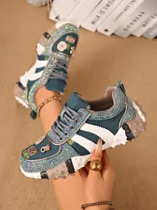 ✨Rhinestone Denim Chunky Sneakers | Jewel Embellished & Spiked Sole | Ultimate Bling & Streetwear Vibe! #ChunkySneakers #BlingShoes
