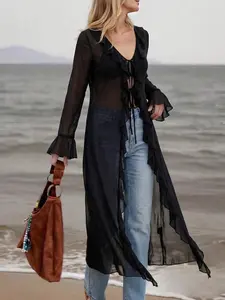 Sheer Floral Lace Jacket for Women, Loose Fit Long Sleeves Plain Design, Spring & Fall Casual Outerwear, Sweet Daily Wear Womenswear