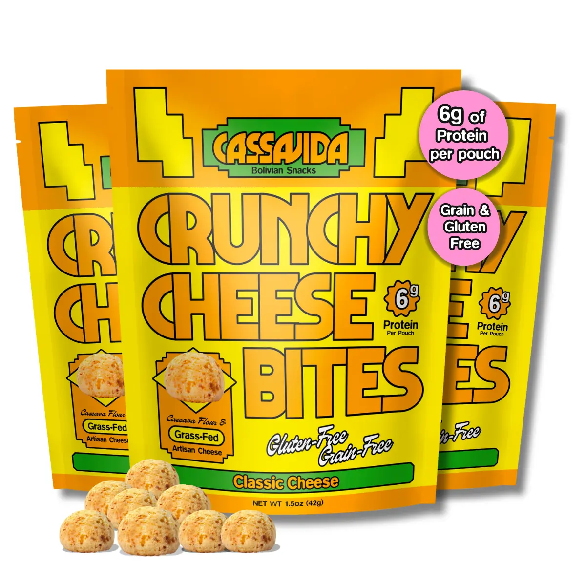 Cassavida Crunchy Cheese Bites – Classic Cheese Flavor – Gluten-Free Snack with Cassava & Grass-Fed Cheese – Grain Free, Baked, No Seed Oils – 3-Pack (1.5oz Each)