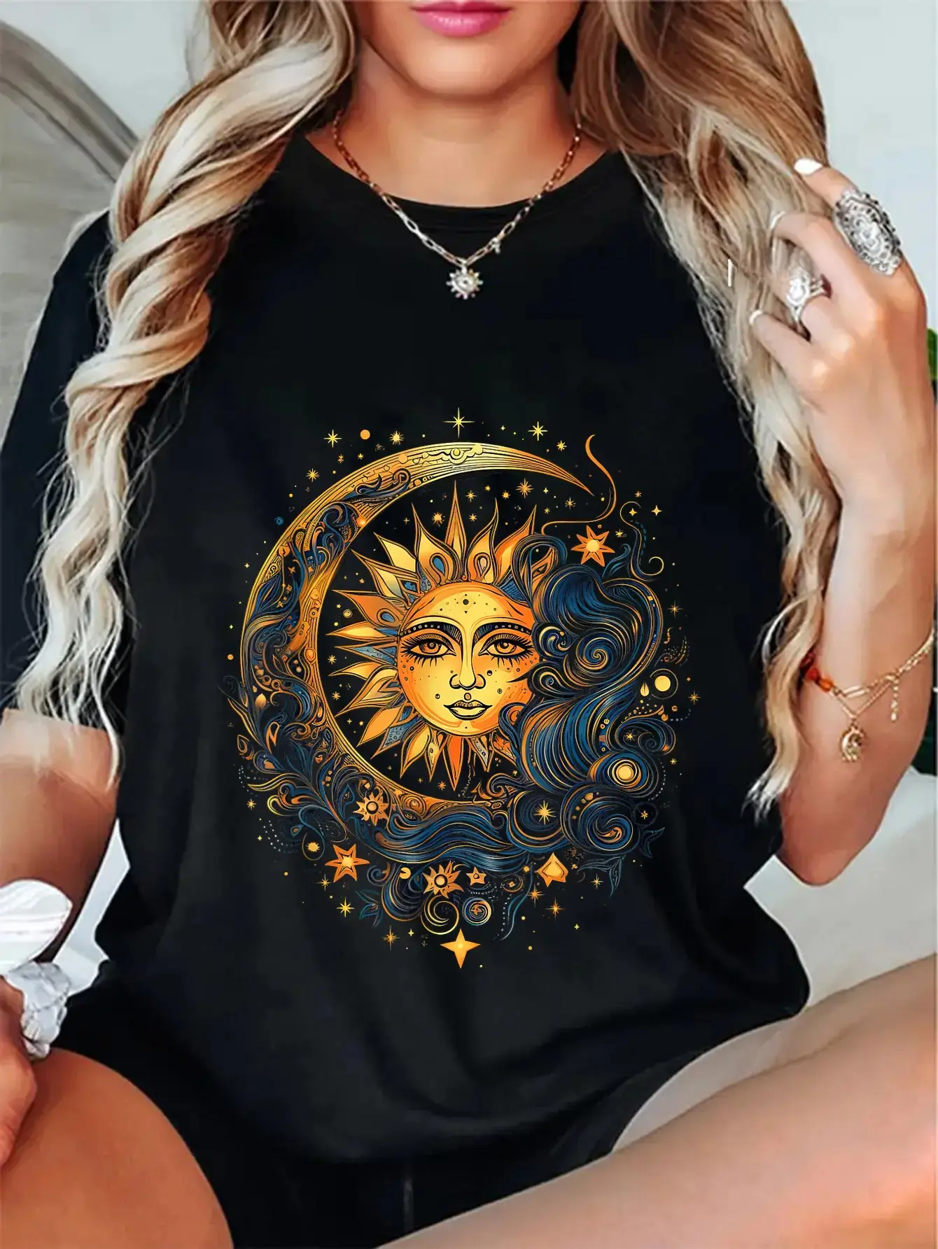 Women's Cotton Crew Neck T-Shirt - Mystic Sun Moon Floral Graphic, Soft, Comfy Casual, Round Neck, Relaxed Fit, Breathable, Pull On, Machine Washable, Short Sleeve, All Seasons Essential Streetwear Top