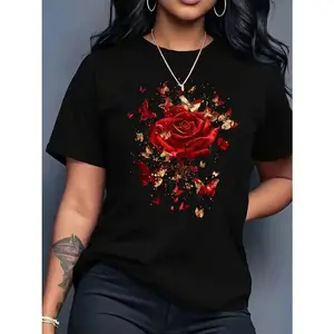 Rose & Butterflies Tee - Valentine's Day Shirt, Romantic Graphic Top, Anniversary Surprise,Regular length T-shirt, suitable for both men and women, simple style, sporty and casual.