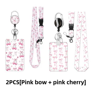 2Pack Pink Bow And Cherry Lanyard with ID Holder Lanyard with Id Holder, ,Fashionable Retractable Badge Holders Reels, Pink Lanyard for Id Badges with Retractable Reel Clip, Bow Id Card Holder with Lanyards for Teacher Student Office Worker