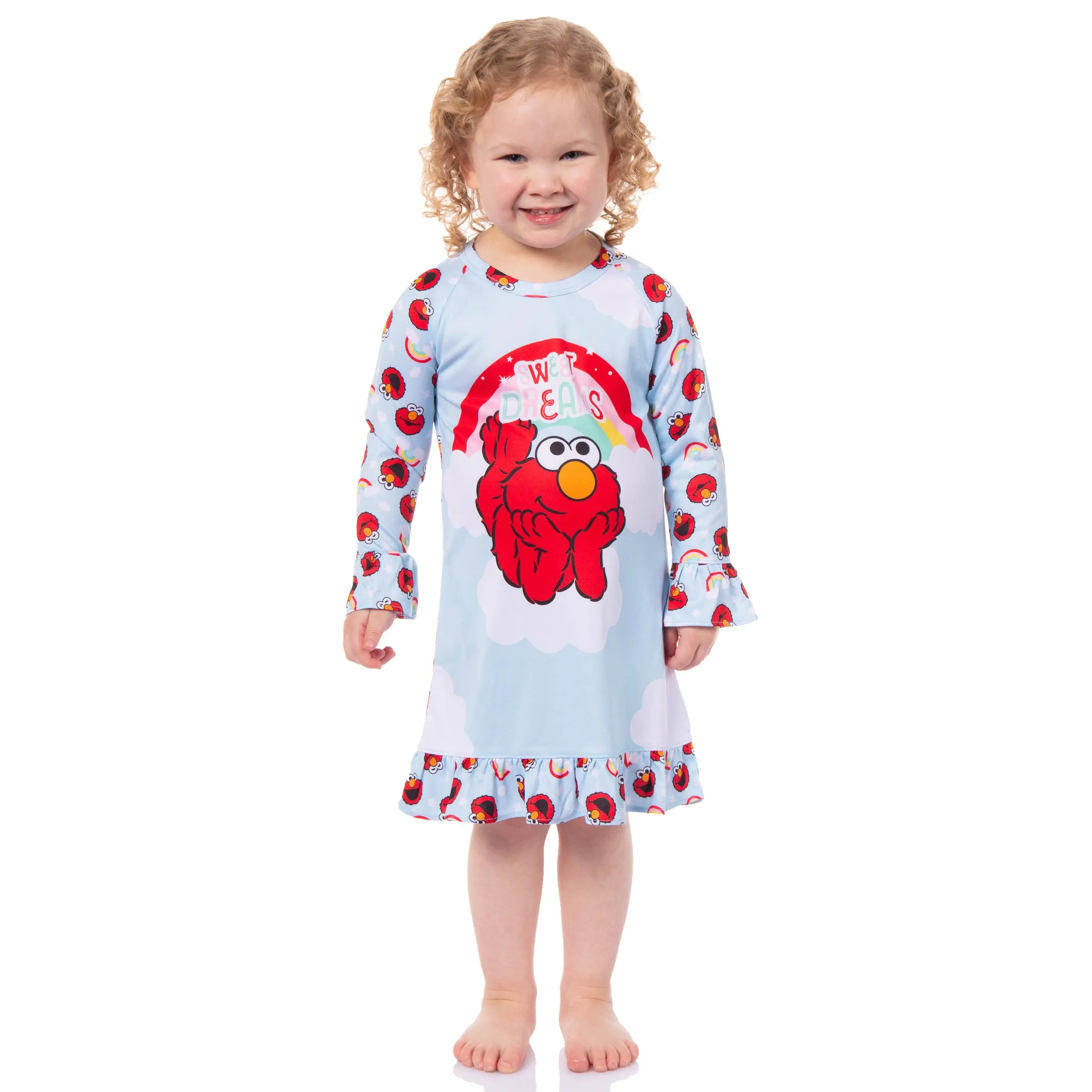 Sesame Street Girls' Cozy Long-Sleeve Sleepwear Nightgown - Soft Casual Pajamas, Sweet Dreams Elmo Rainbow Night Dress