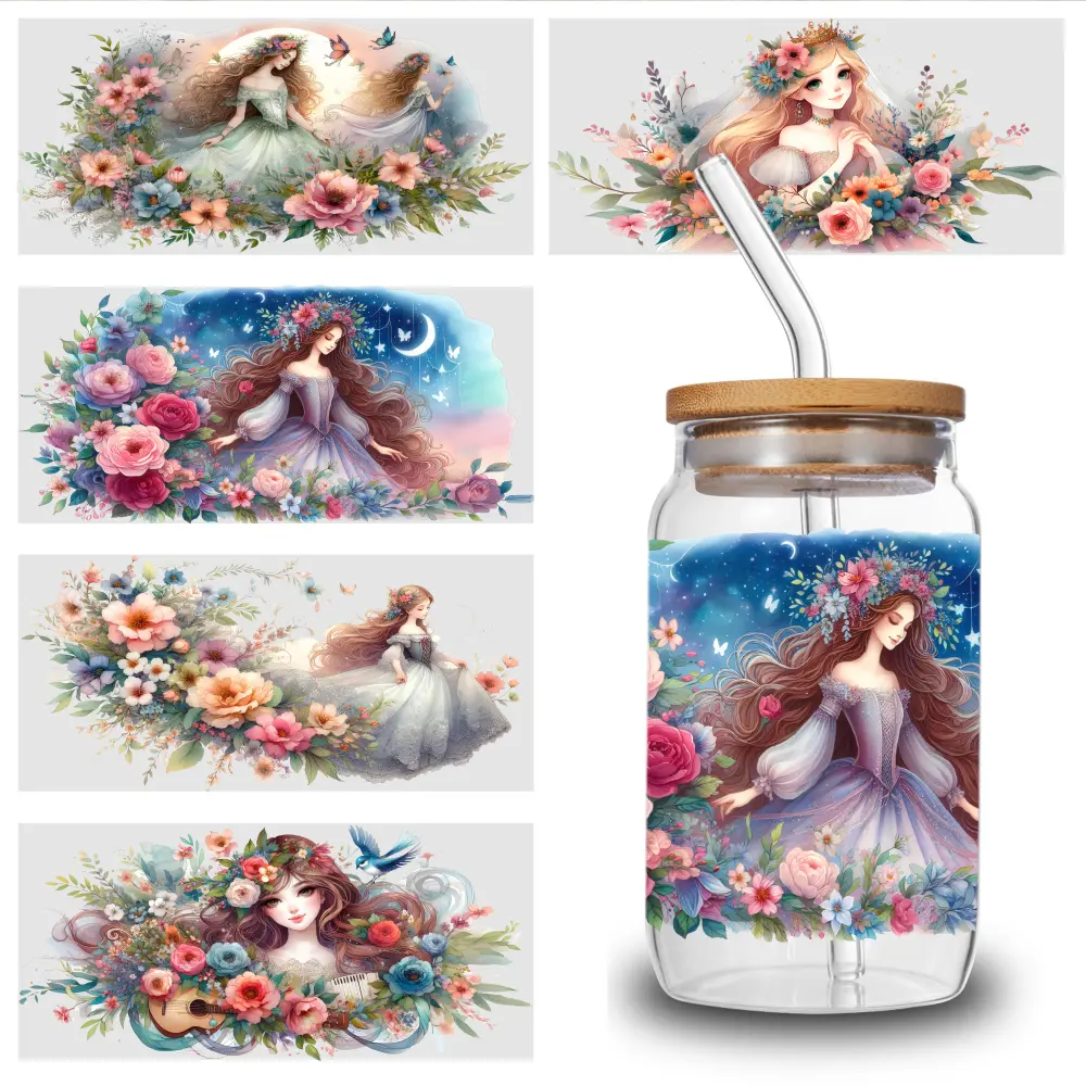 5-Sheet Floral Fairy UV DTF Stickers, 9.4x4.3 in UV Resistant Flowers, 3D Effect Bright Colors Waterproof Self-Adhesive Labels for Mug/Cup Decoration, Side Eye Embellishment Stickers
