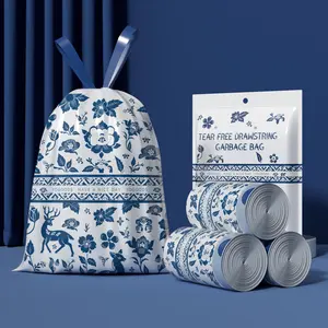 13 Gallon 60 Pcs Drawstring Trash Bags Odorless Tall Kitchen Trash Bags, Blue and White Porcelain Theme Printing Strong Trash Bags, Leak-proof, Puncture-proof, Tear-proof, with Drawstring Closure, Durable, Suitable for Office, Kitchen, Bedroom Trash Cans