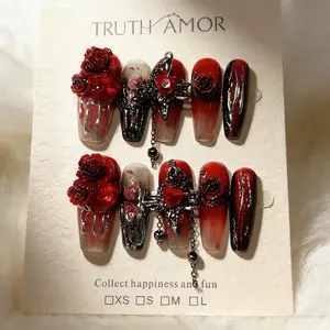 10PCS｜TRUTH AMOR Vampire Rose Gothic Cyberpunk Red-Silver Press-On Nails｜Dark Sweet-Spicy Style·Detachable & Reusable｜Halloween/Christmas/New Year Party Must-Have for Western Style Lovers