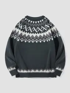 Men's Ethnic Pattern Round Neck Sweater, Regular Fit Casual Long Sleeve Crew Neck Jumper for Fall & Winter, Fashion Men's Knitwear for Daily Wear