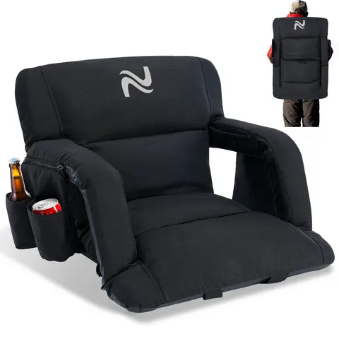 SLSY Unisex Ergonomic Thick Linen Folding Stadium Seat for Adults - Steel Frame, Back Support, Cushion, 6 Reclining Positions, Waterproof Base, Storage Pockets, Adjustable Strap - Enhances Relaxation, Sports Events, Beaches