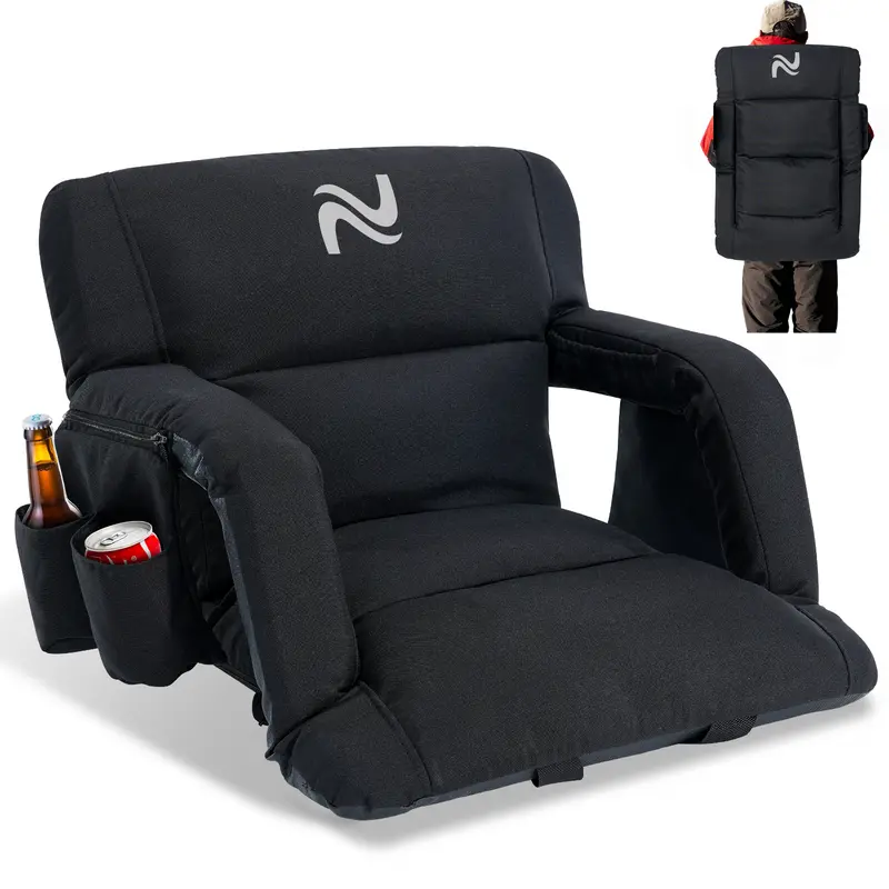 SLSY Unisex Ergonomic Thick Linen Folding Stadium Seat for Adults - Steel Frame, Back Support, Cushion, 6 Reclining Positions, Waterproof Base, Storage Pockets, Adjustable Strap - Enhances Relaxation, Sports Events, Beaches