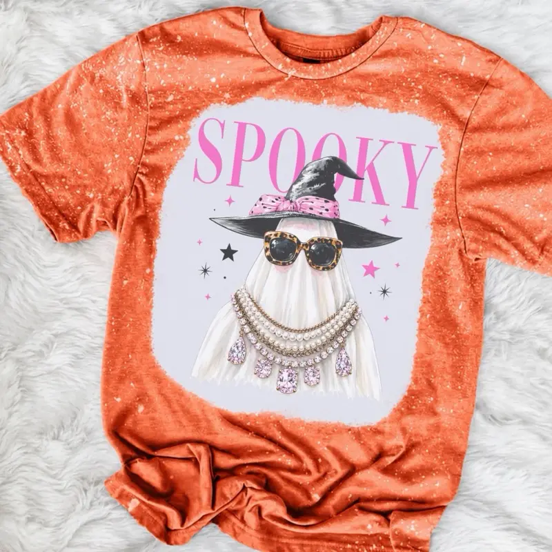 Halloween - Spooky Ghost Bougie Bleached Shirt Comfy Unisex Jersey Top Casual Vintage Style Short Sleeve Crew Neck Medium Length