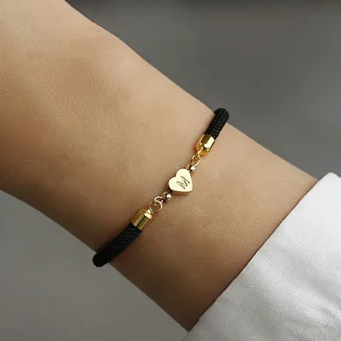 Fashion Heart‑Shaped Initial Charm, Stainless Steel Jewelry for Women and Girls, Fashion Classic Adjustable Rope‑Chain Bracelet, Pretty Bracelet, Fashion Bracelets