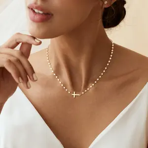FOXGIRL Minimalist 3mm Pearl Chain Necklace with Smooth Double-Hole Cross Charm, Layerable Delicate Jewelry Trendy Pearlcore Design Perfect for Daily & Holiday Outfits