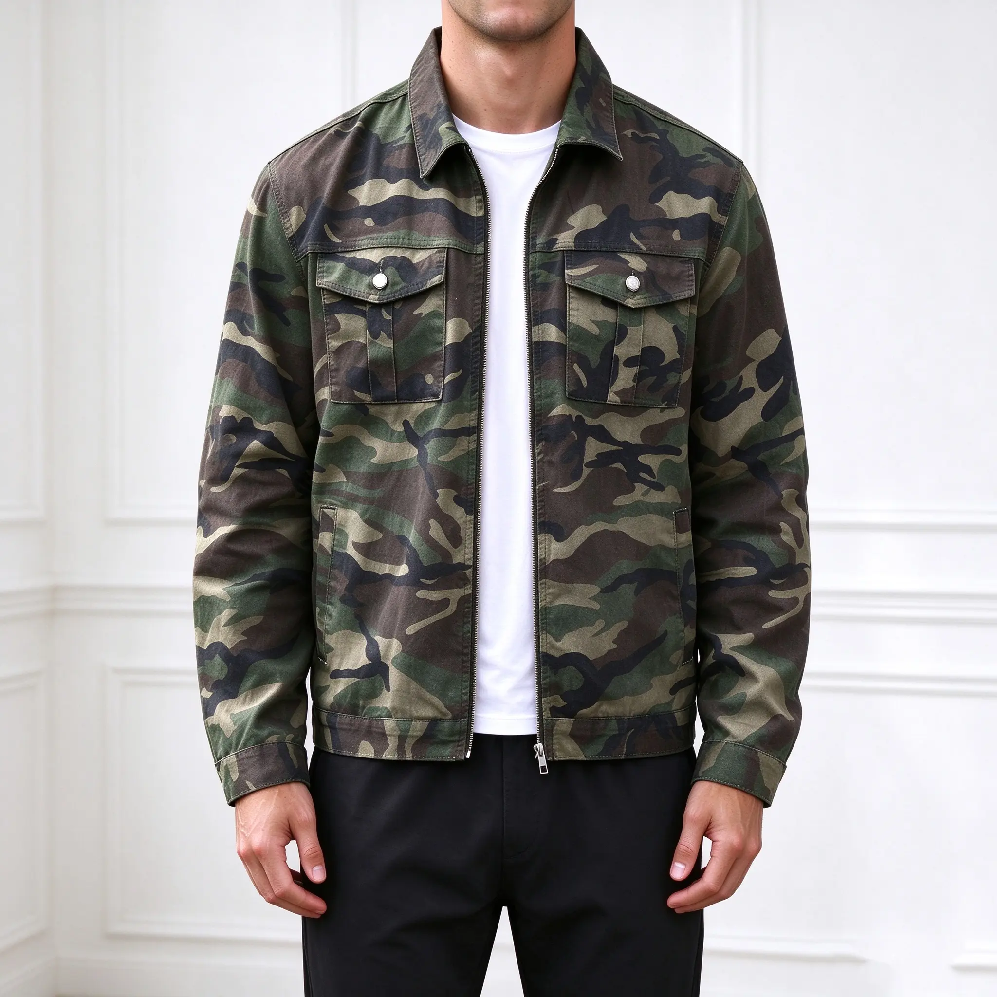 Yuanbang Men's Camo Denim Trucker Jacket, Classic Lapel Collar Zip Up Camouflage Jean Coat, Non-Stretch Denim Outerwear With Chest Flap Pockets, Casual Military Style Long Sleeve Jacket For Daily Outdoor Streetwear For Men