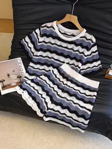 Women's Hollow Out Round Neck Sweater & Shorts Two-piece Set, Casual Short Sleeve Knit Top & Shorts for Daily Wear, Ladies Summer Clothes Outfit, Womenswear