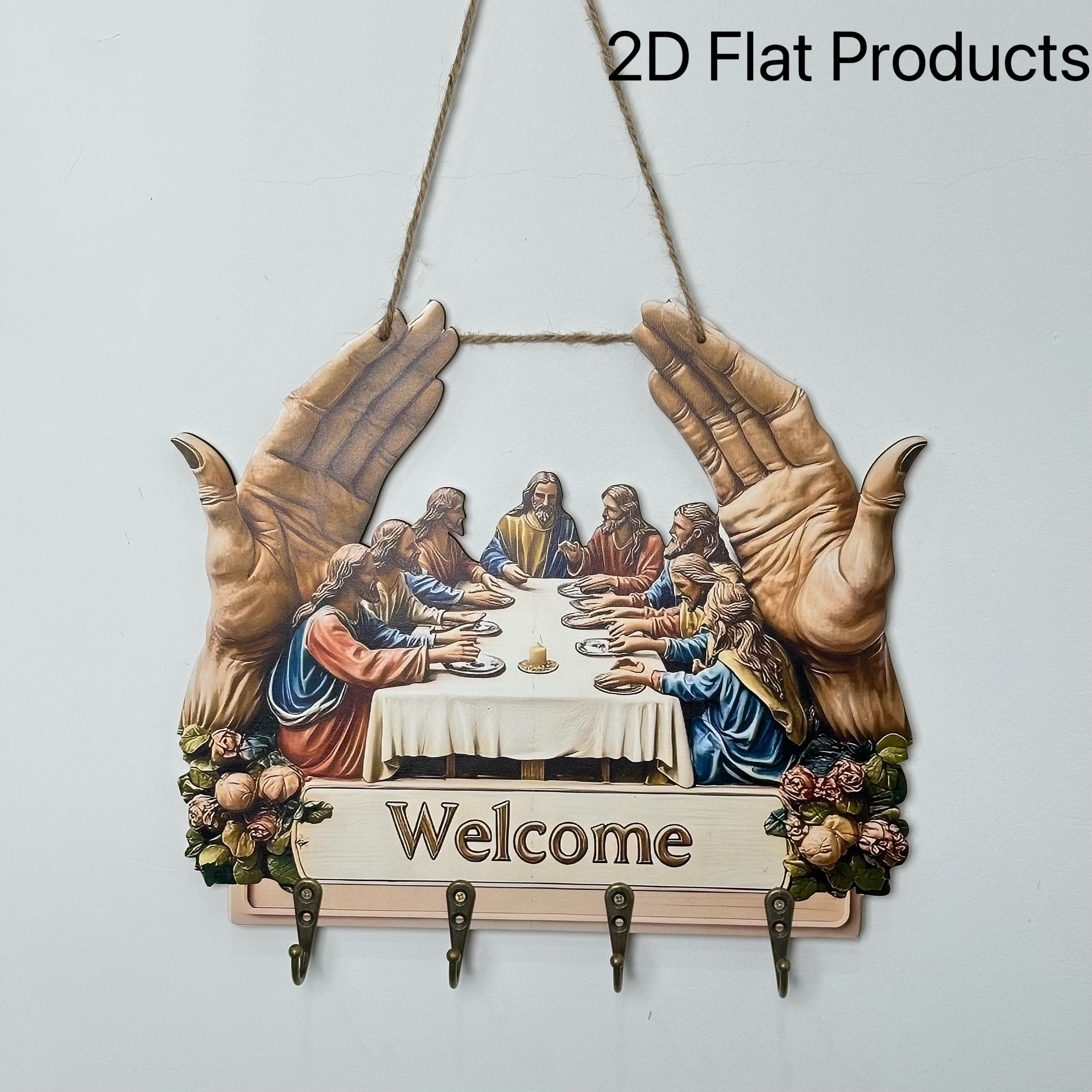 Flat Jesus and Disciples Wall Art Keychain 1 Piece Pack, Exquisite Religious Design with Four Metal Hooks, 10.4"x11.8" Artificial Wood & Metal Frame, Porch Welcome Sign, Farmhouse Style Seasonal Home Decor, Intricate Craftsmanship,Mother's Day  gift