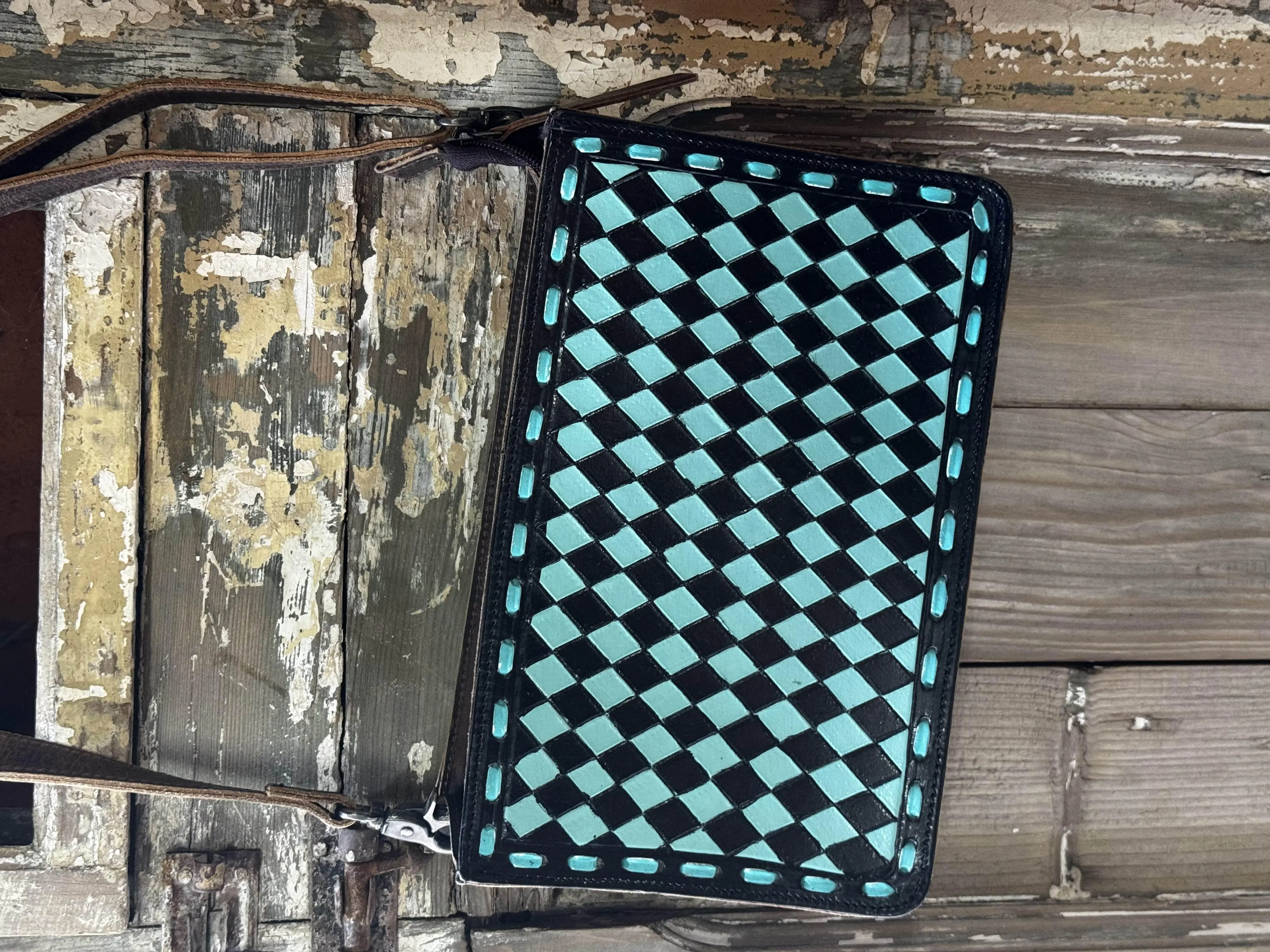 Checkered Crossbody Tooled Leather Purse