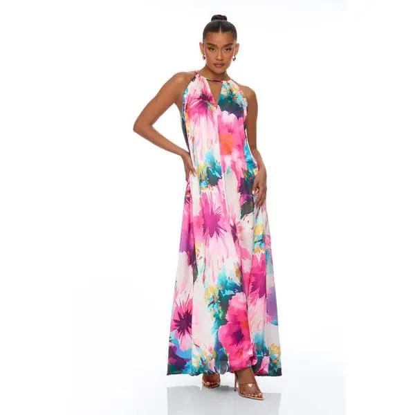 Trinity Kaftan Satin Maxi Dress - Pink/combo
