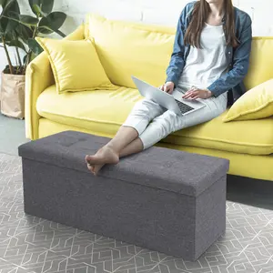 Segawe 120 Liters Folding Storage Ottoman Bench, Bedroom Bench with Storage, Dark Grey Linen-Look Fabric, Button Tufted, High Elastic Foam Padding, Space-Saving for Living Room, Home Office, Dormitory, Entrance Passage