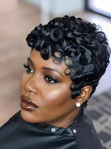 Pixie Cut Human Hair  Wig  Short Curly Wavy Wig with Bangs Natural Black Color, Rose Net Cap for Women, Elegant Style for Daily Use, Short Hair Wig, Stylish Hairpiece, Kinky Curly Wig, Human Hair Wigs