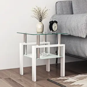 Glass Side Table, End Table Set of 1, 2-Tier Nightstands for Tight Spaces, Modern Tempered Glass Tea Table Coffee Table End Table, Square Coffee Table with Modern Style, Slim Sofa Table for Living Room, Bedroom, Study, Outdoor