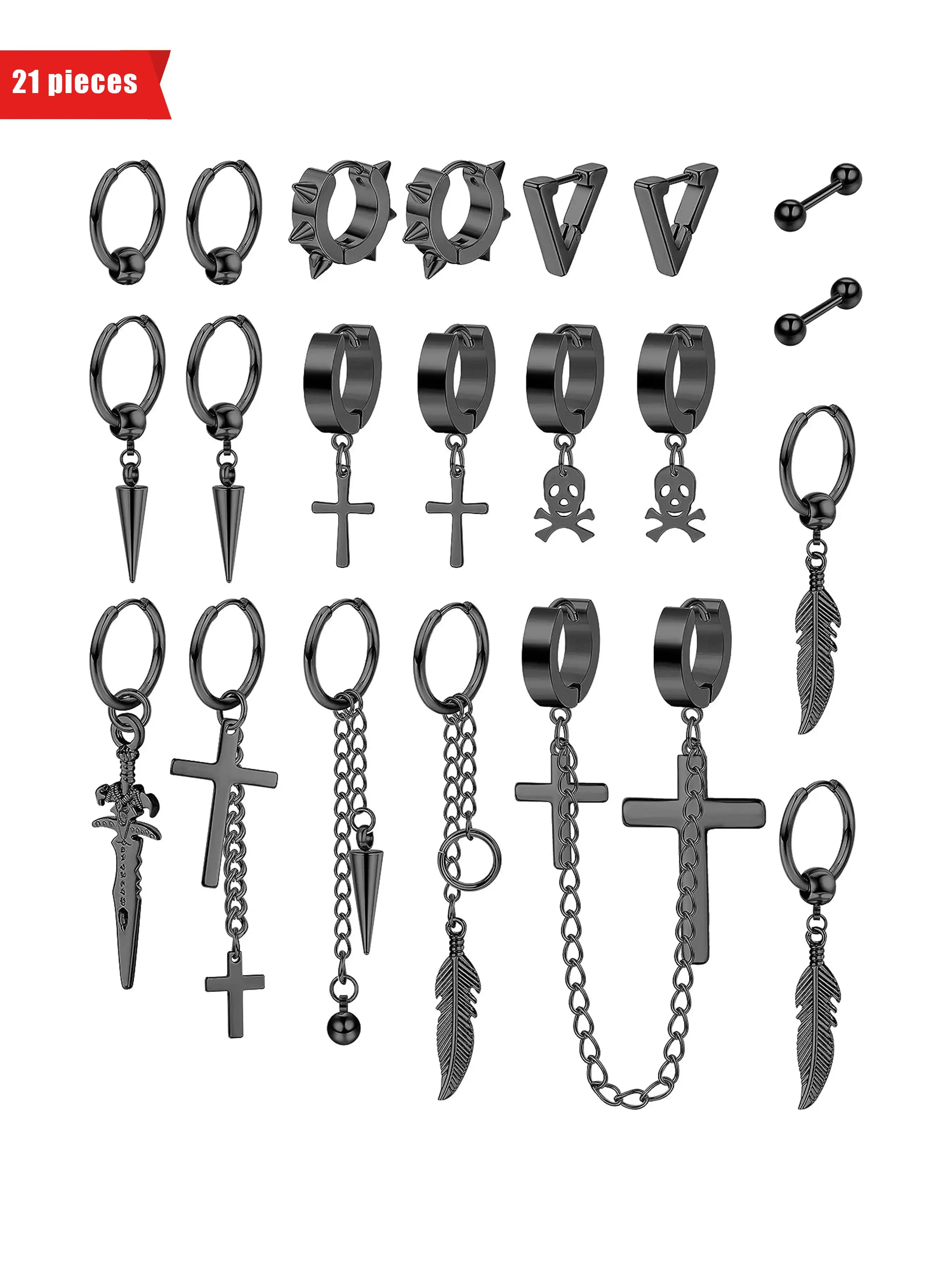 Punk Style Gothic Design Stainless Steel Dangle Earrings Men Accessories, Fashion Jewelry for Party, Daily Clothing Decor, Trendy All-match & Exquisite Jewelry for Birthday Gift, Dangle Earrings Set