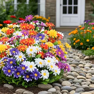 5pcs Artificial Daisy Fence Plastic Fake Flowers Home Decor, Vibrant Colorful Floral Arrangement, Artificial Flower Arrangements, Model Xinghao, No Ca Prop 65, Plastic Faux Flowers