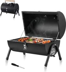 Portable Charcoal Grill, Small Folding Outdoor Grill, Mini Black Barbecue Grill with Thermometer, Compact Tabletop BBQ Grill for Camping Picnic Backyard Patio, 116 Square Inches & Screwdriver Steel Beach