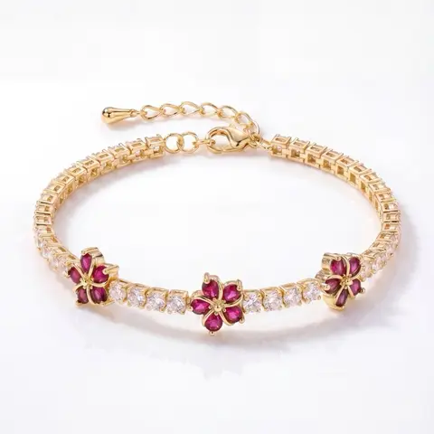 Blossom Tennis Bracelet | 14K Gold Plated Floral Crystal Bracelet | Adjustable 6-8 Inch | Gift for Her