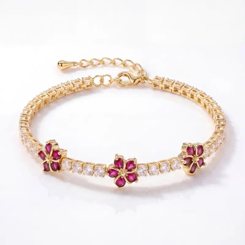 Blossom Tennis Bracelet | 14K Gold Plated Floral Crystal Bracelet | Adjustable 6-8 Inch | Gift for Her