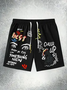 Men's Casual Athletic Shorts, Colorful Graffiti & Positive Slogan Graphic Print, Mixed Elements (Eyes/Scorpion), Drawstring Waist, Streetwear Style Bottoms, Versatile Wear for Daily Leisure, Casual Outings & Trendy Looks