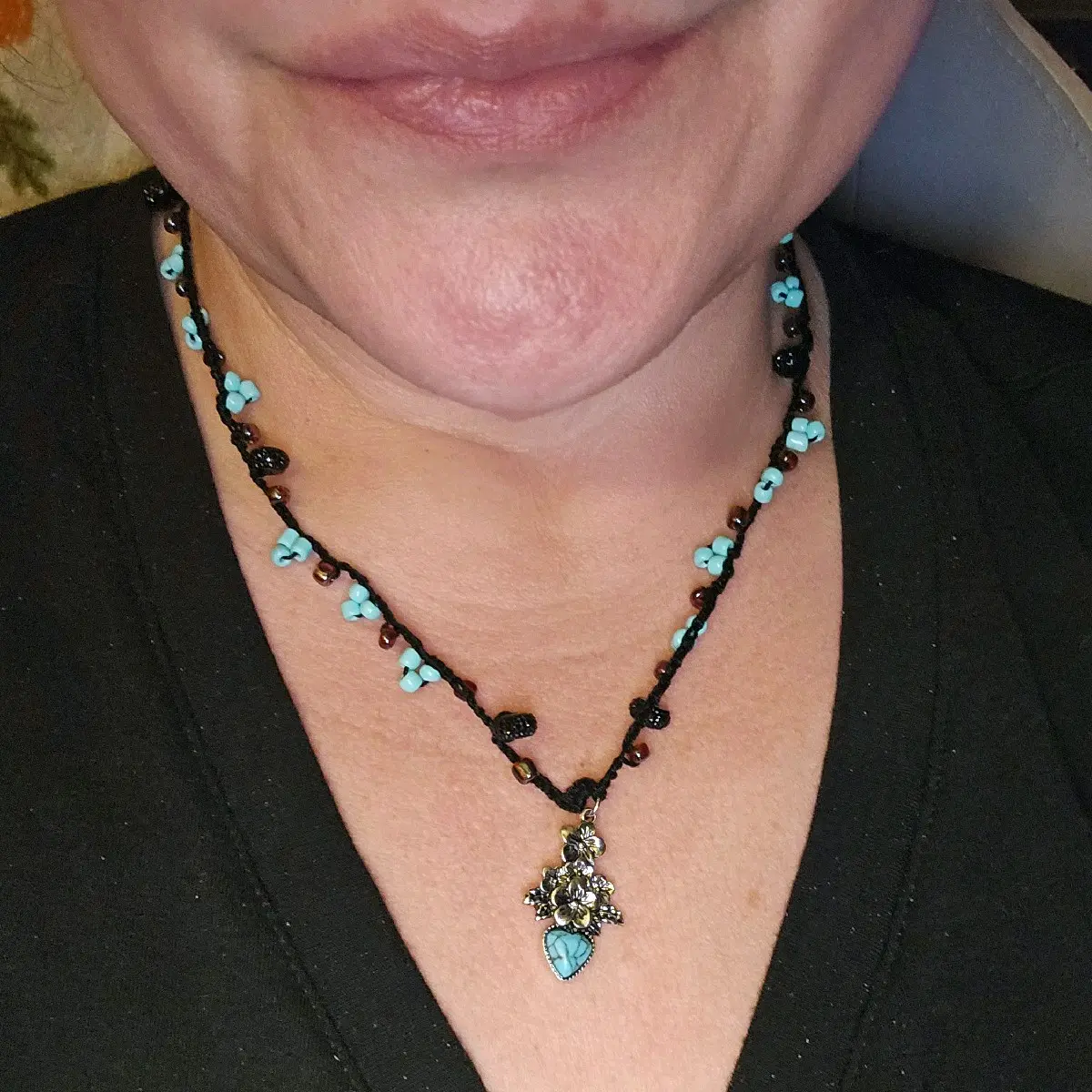 Black and Turquoise Crochet Beaded Necklace