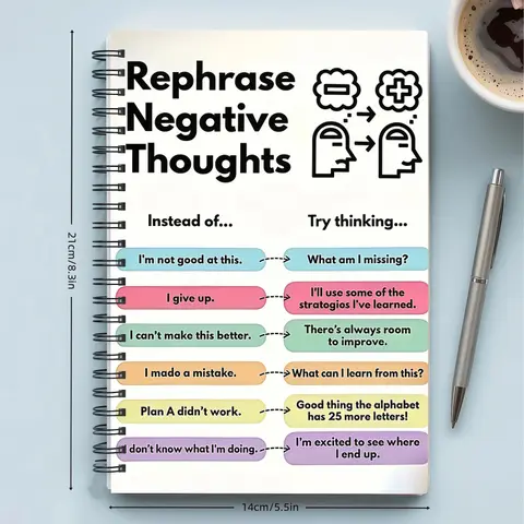 A5 Positive Thinking and Thought-Reframing Workbook, CBT-Inspired Journal with Cognitive Restructuring Exercises, Mood and Emotion Trackers, Daily Mental Wellness Pages, Self-Care Gift for Students to Help Reframe Negative Thoughts