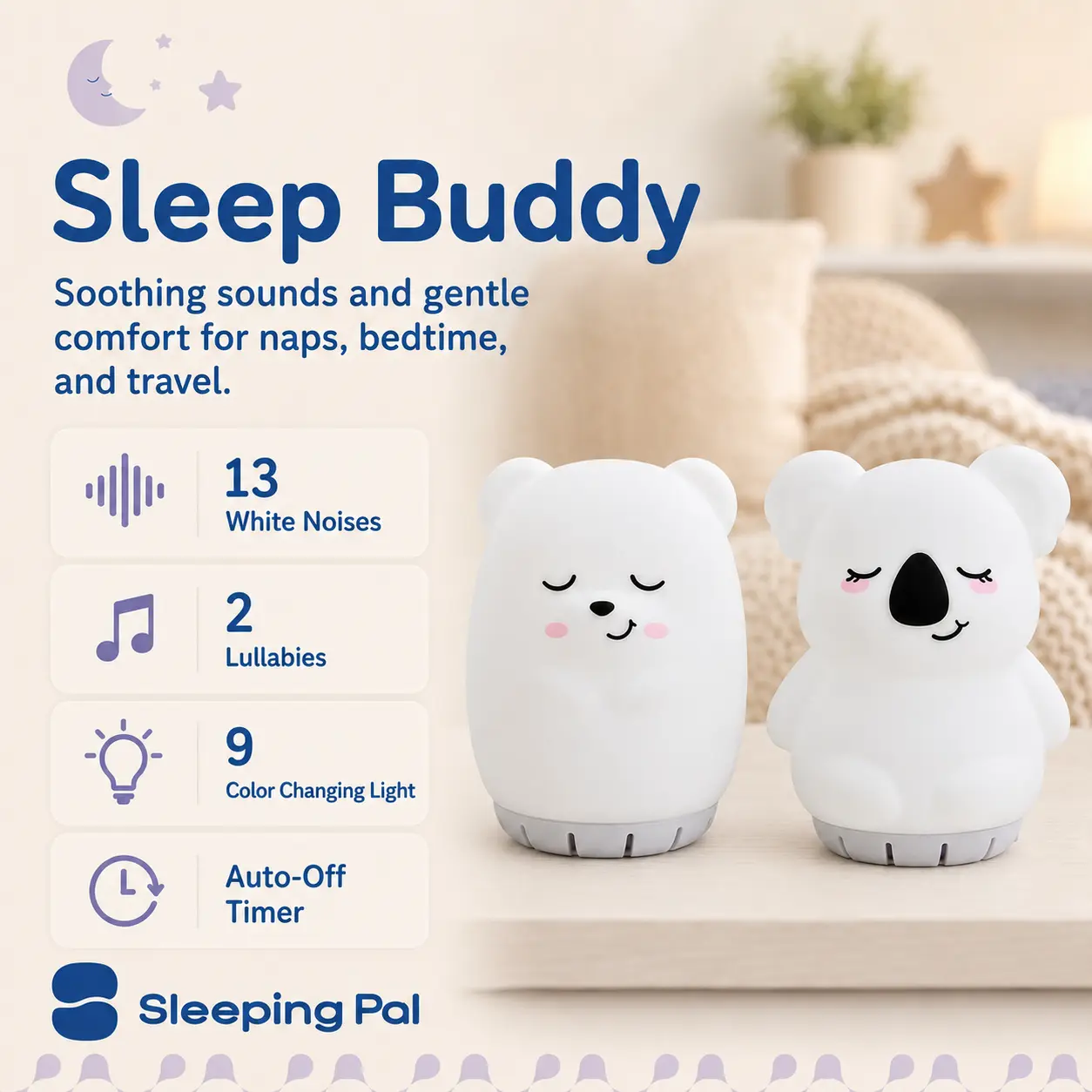 SleepingPal Sleep Buddy, White Noise Machine, Night Light & Recordable Voice Comforter for Babies and Toddlers, BPA-Free Silicone, Koala & Bear Collection