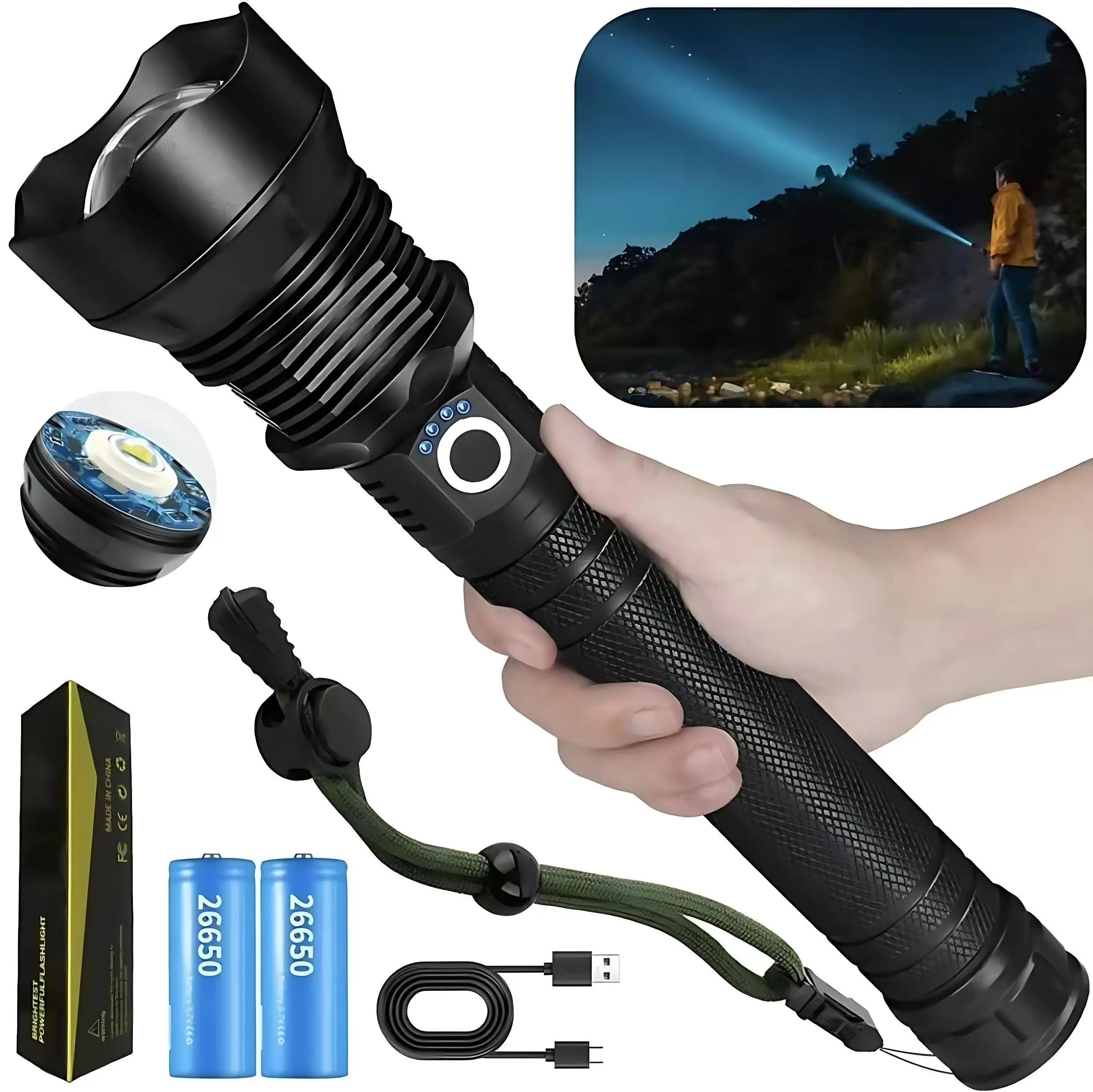 P70 Super Bright Flashlight(Power Bank),Digital display of power,Rechargeable,zoomable,IPX7 Waterproof,Adjustable Brightness Flashlight for Outdoor,Em