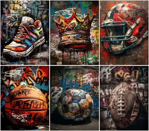 5D Full Drill Diamond Painting Kit Set of 6 Graffiti Sports Art, Sneaker Crown Ball Helmet Street Style DIY Home Wall Decor Craft