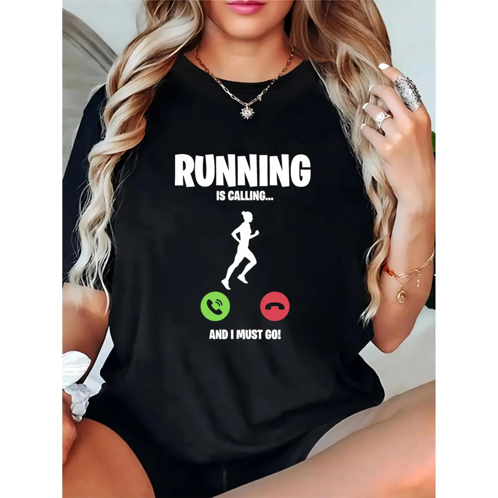Women's "Running Is Calling" Graphic T-Shirt - Runner Silhouette & Call Buttons Design | Casual Workout Fitness Tee for Runners & Fitness Enthusiasts, Basic, Shortsleeve, Comfortable, Ladies, Skirts, Day