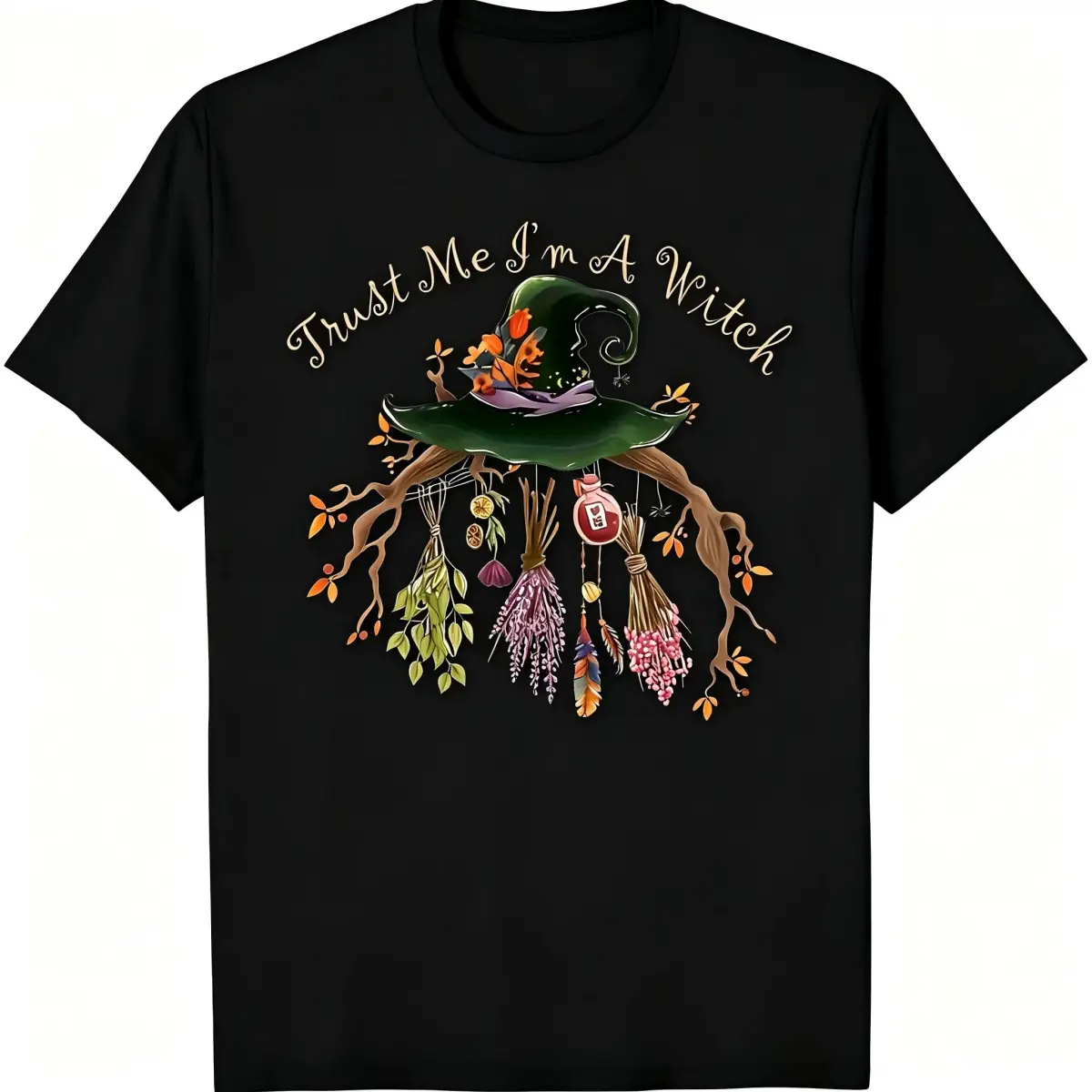 "Trust Me I'm A Witch" Green Witch Hat Herbal Unisex T-Shirt for Men & Women - Cottagecore Witchy Fall Design, Soft Cotton Crew Neck Short Sleeve, Comfortable All-Season Tee, Perfect for Everyday Casual & Halloween Style, Machine Washable